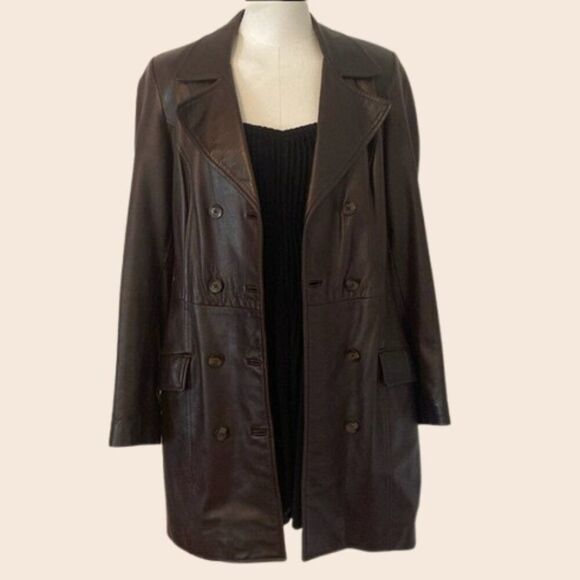 Vintage Chocolate Brown Real Leather Coat Size 8